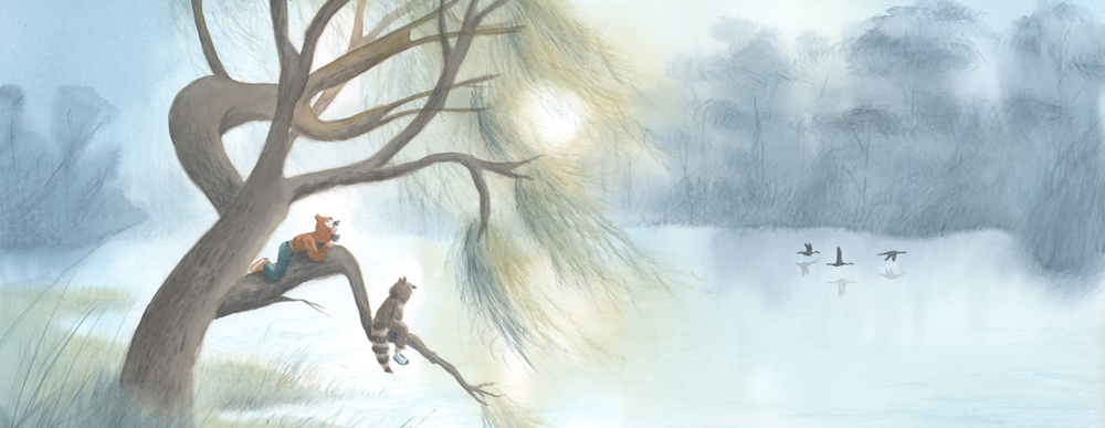 Illustration poétique d'un saule pleureur magique pour livre jeunesse