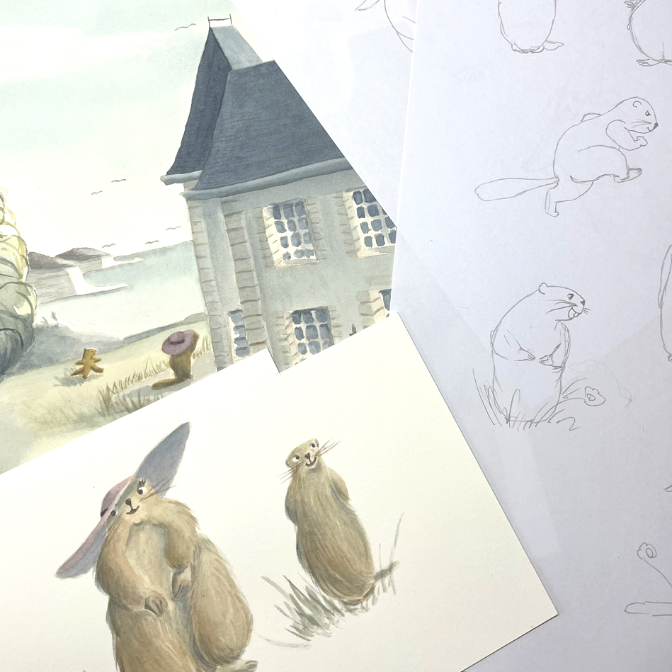 Croquis préparatoire et illustration finale à l’aquarelle pour illustrer un livre jeunesse