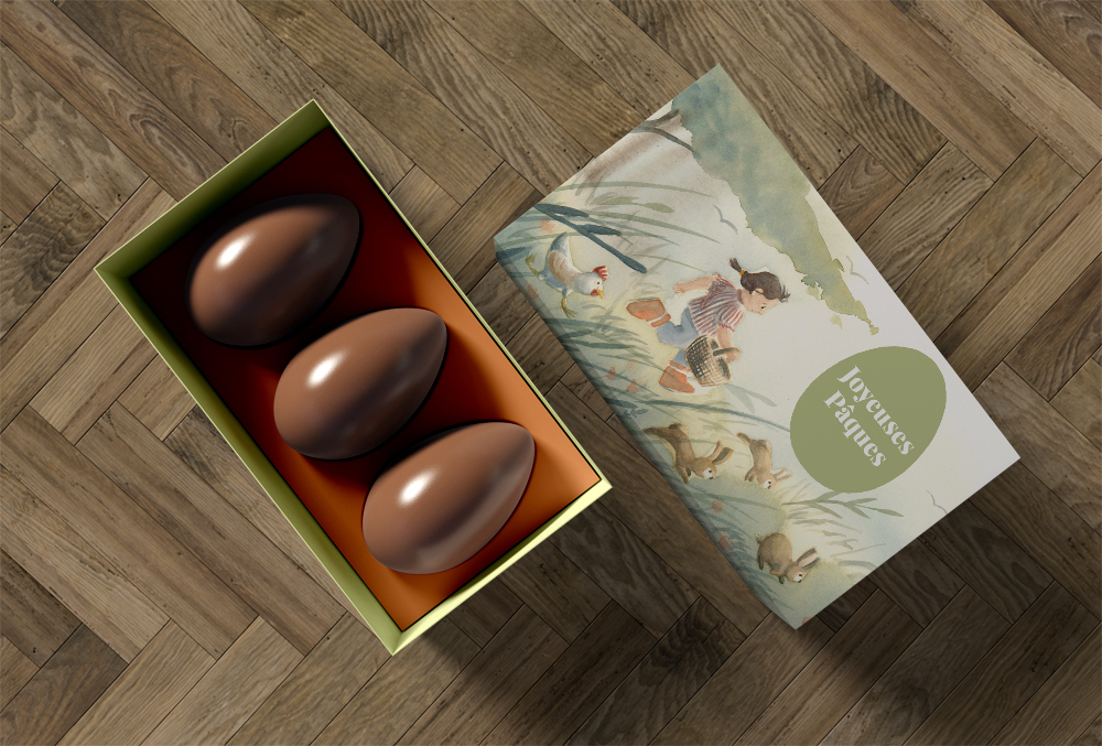 Illustration poétique à l'aquarelle pour packaging chocolat