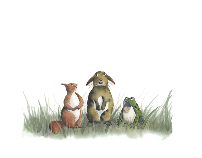 Dessins d'un lapin, un écureuil et une grenouille, pour un livre d'enfants