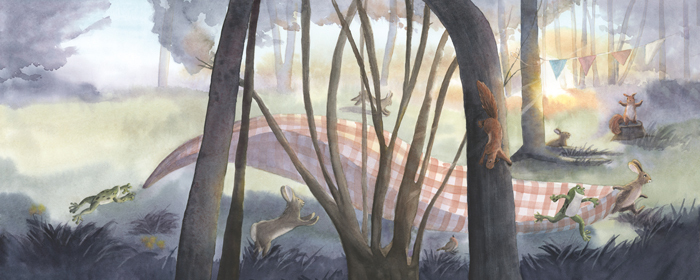 Aquarelle d'une histoire pour les enfants, des animaux dans une forêt, peint par Marjolaine Faure